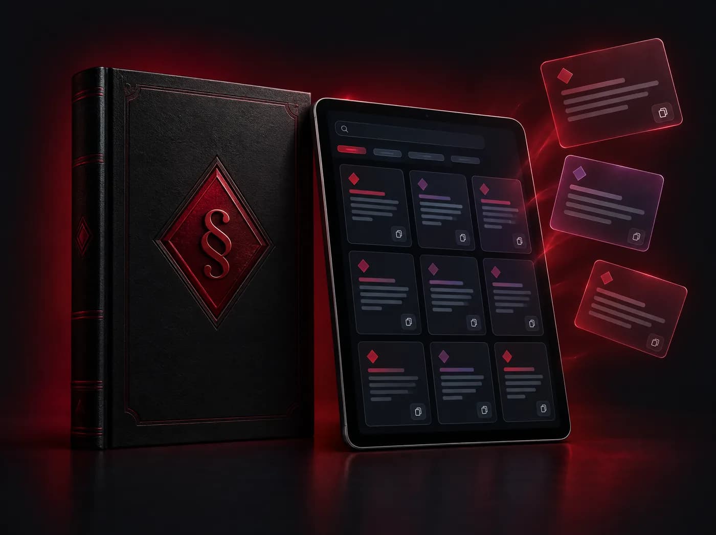 Livro de capa escura com o símbolo de parágrafo ao lado de um tablet com cartões de prompts