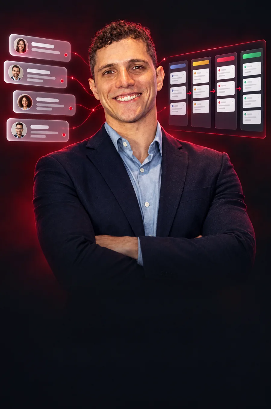 Paulo Renan de braços cruzados, ao lado de um funil de vendas e mensagens