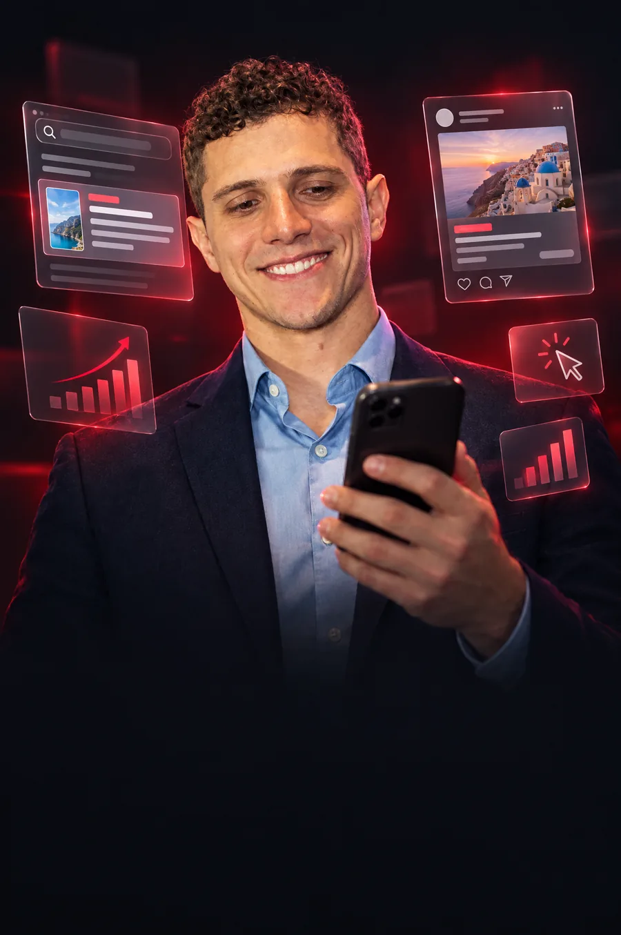 Paulo Renan olhando o celular, cercado de anúncios e gráficos