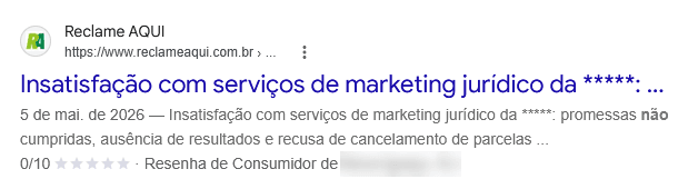 Reclamação: marketing jurídico com promessas não cumpridas, ausência de resultados e recusa de cancelamento